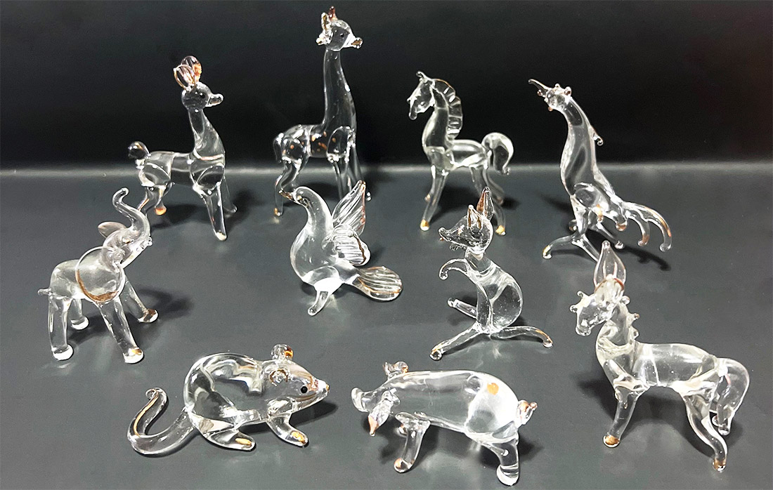 Set of 10 Piece Spun Glass Animal Figurine Set